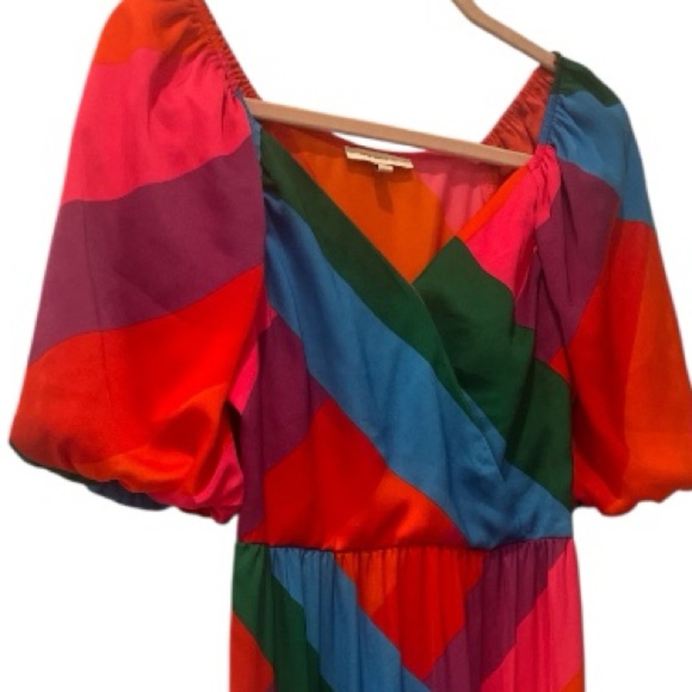 Skies Are Blue Bold Colorful Tiered Maxi Dress Puff Sleeve faux wrap size XS - Picture 2 of 8